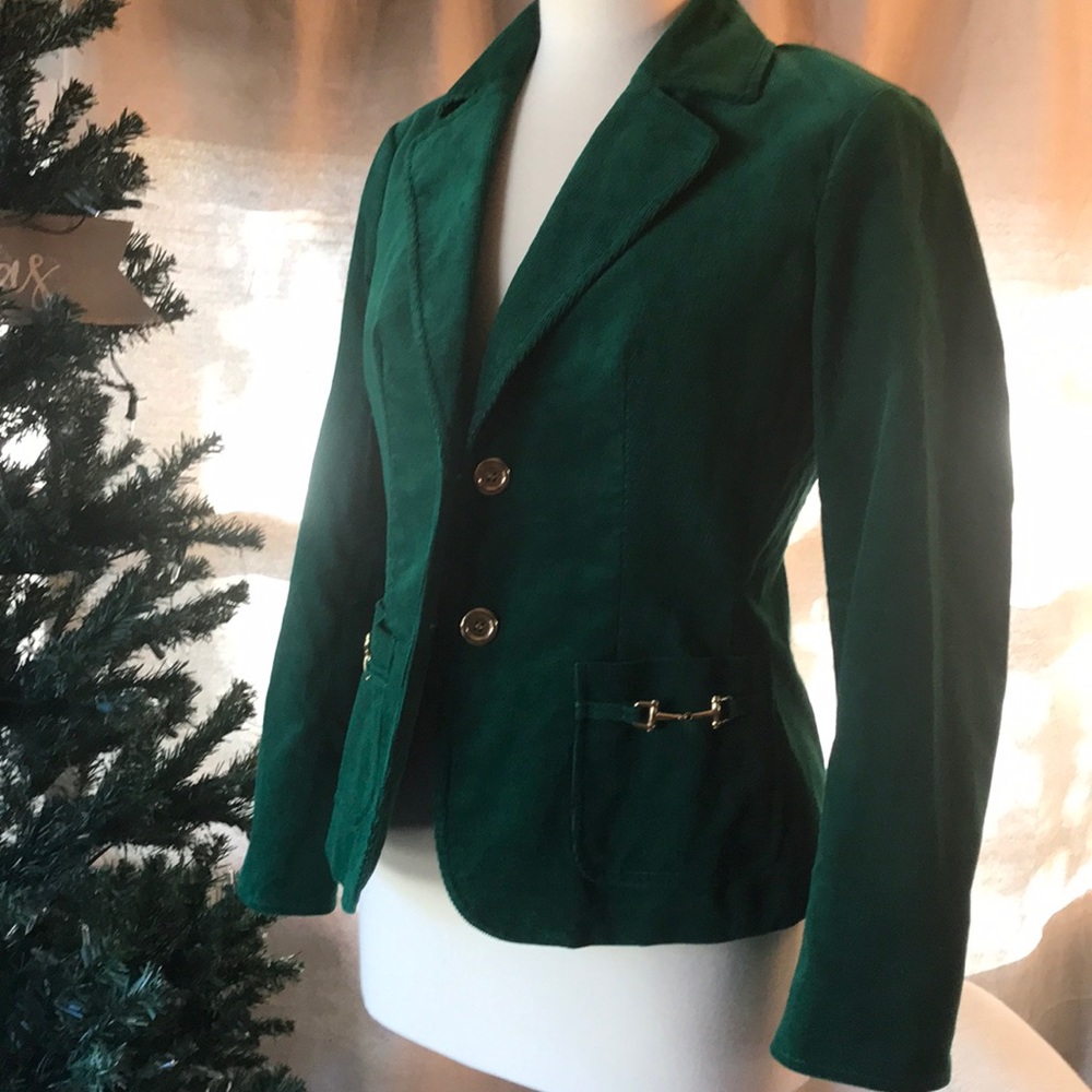 Talbots green corduroy holiday blazer w gold acc